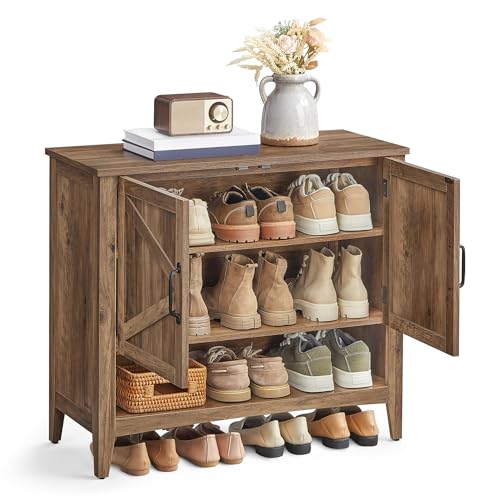 VASAGLE LIRY Collection - Shoe Cabinet, 3-Tier Storage Organizer, Shoe Shelf, Farmhouse Freestanding Cabinet, Height-Adjustable Shelf, 13.8 x 31.5 x 27.6 Inches, Honey Brown ULBC038B01 - color: Honey Brown, size: 13.8"D x 31.5"W x 27.6"H, style: 3-Tier