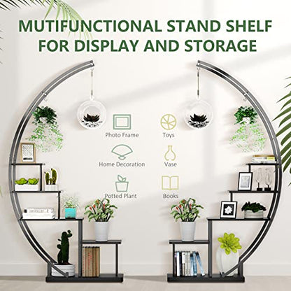 5 Tier Metal Plant Stand Indoor, 67.25“ Tall Half Moon Shape Multiple Stand Holder Shelf Planter Display, Hanging Shelf Flower Stand Ladder for Patio Garden Living Room, Black Set of 2