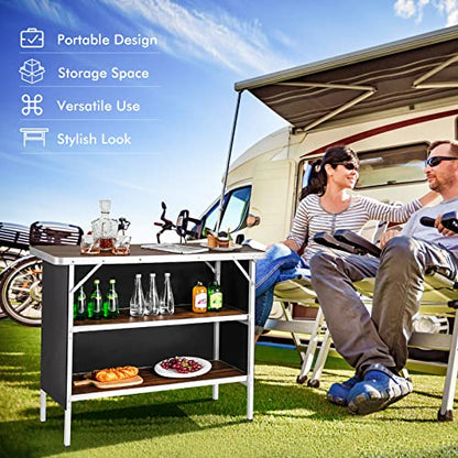 COSTWAY Folding Picnic Table, Portable Camping Table with Carry Bag, Lightweight Aluminum Food Prep Station with 2 Shelves, Quick Set-up, BBQ, Party, Backyard - color: Brown, size: 43.5"W x 34.5"H