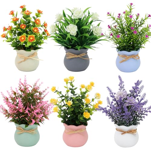 Yoratee 6PCS Artificial Flowers Pot Small Fake Plants with Mini Potted Plants for Home Office Tabletop Centerpiece Decoration - color: 6pcs - B