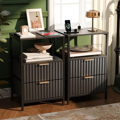 VINGLI Black Nightstands Set of 2 with Fabric Drawers, Fluted Nightstands with Charging Station, Night Stand Set of 2, Small Bedside Table, Bed Side Table/Night Stand with Charging Station for Bedroom - color: Black, size: 15"W-2 Drawer 1 Shelf
