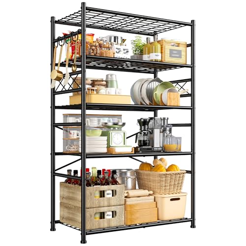 DurayLoly Storage Shelves 5-Tier Large Capacity Wire Shelving with Hooks, Heavy Duty Garage Shelving Unit with Leveling Feet, Stable Metal Shelf for Pantry, Kitchen and Closet, 72" H x 36" W x 12" D - size: 36" W x 12" D x 72" H (5T)