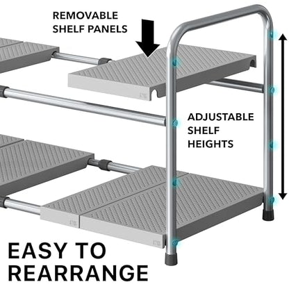 Simple Houseware Under Sink 2-Tier Heavy Duty Expandable Organizer, Silver | Adjustable Width 15.75–25 Inches with 4 Shelf Height Levels - color: Silver