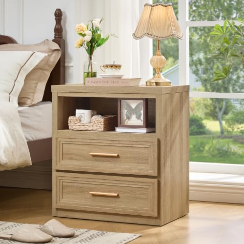 RWYHG 24'' Wide Farmhouse Night Stand with 2 Drawers,Wood Nightstand | Modern End Table Open Storage Shelf, Metal Handle, Mid-Century Bed Side Table for Bedroom, Living Room,Oak - color: Oak