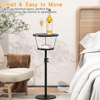 Small Side Table, 2 Tier Drink Table, Height Adjustable Round End Table, Pedestal Side Table for Small Spaces in Living Room, Bedroom, Black - color: Black-2 Tier
