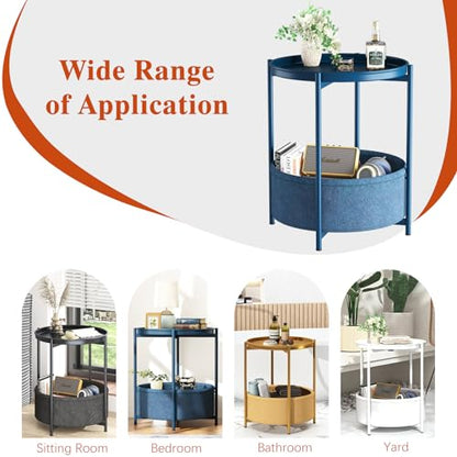 Garden 4 you Side Table with Fabric Storage Basket, Round Metal End Table, Small Bedside Table Nightstand with Removable Tray, for Nursery, Living Room, Bedroom, Bathroom, Blue - color: Blue