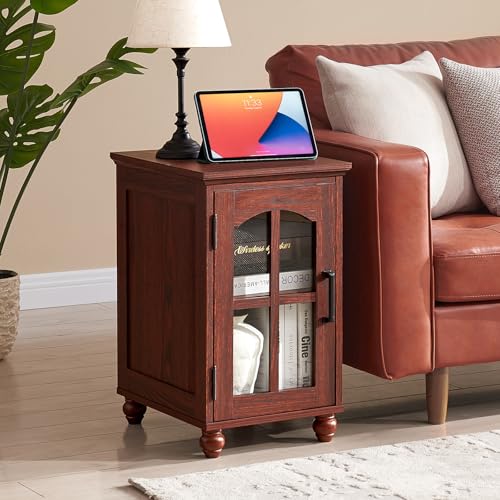 RWYHG Narrow Side Table, Farmhouse Nightstand with Charging Station | End Tables with Glass Barn Door, Cabinet Organizer with Adjustable Shelf, Night Stand for Small Spaces Living Room Bedroom - color: Red Oak, size: Set 1