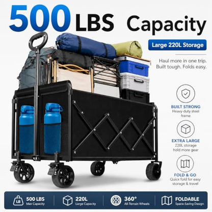 Wagons Carts Foldable, 500 lb 220L Collapsible Wagon with Brakes | Folding Wagon Cart with brakes, compact folding design and large storage for camping, groceries, sports and outdoor hauling - size: 500LB