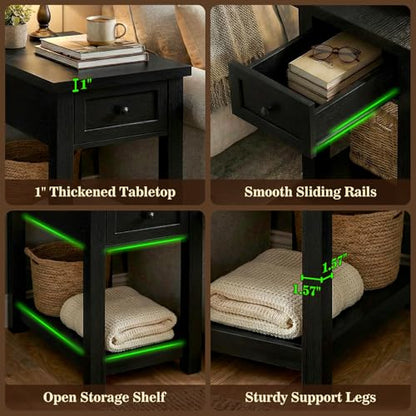Armocity Narrow End Table Set of 2 with Charging Station - Farmhouse Side Tables with Drawers, 14" Wood Nightstands Set of 2 for Bedroom Living Room, Slim Couch Bedside Table Small Spaces, Black - color: Black, size: 2 Pack