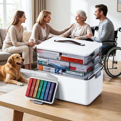 MOPUP 4-Tier Medicine Craft,Sewing,Art,Organizer Storage,Portable Latch Bin with Lid and Leather Handle,Pill Bottle, First Aid,Comes with a 7-Day Pill Organizer,A Household Essential - size: XL– 4-Tier Set