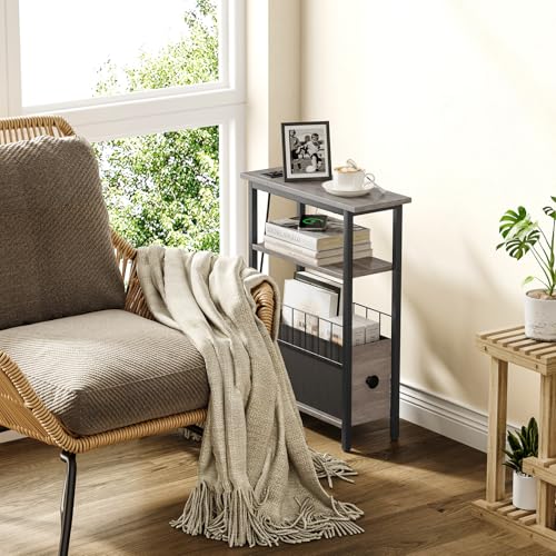 Snughome Narrow Side Table with Charging Station, Slim End Table for Small Spaces, 3 Tier Skinny Nightstand with Drawer, Sofa Beside Table with Storage Shelf for Living Room Bedroom Grey - color: Grey
