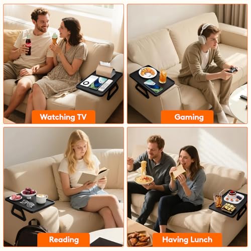 Lifewit Plastic Rotating Couch Armrest Table, Adjustable Sofa Arm Clip Holder Tray for Snack/Fast Food/Fruit/Drink, Large Foldable Stable Sofa Table with Reinforced Clamp, Black - color: Black