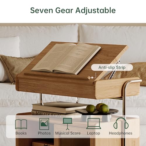 Solid Wood Side Table with Wheels, Flip Top Side Table with Storage, Multi-Functional Storage Cabinet with Ample Space for Living Room, Bedroom(13.77" D x 26.77" W x 28.22" H, Natural) - color: Natural