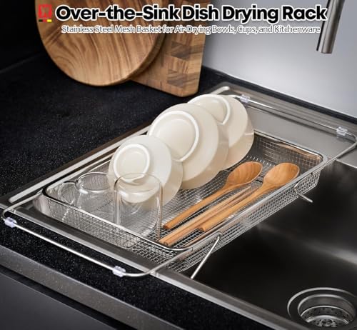 WAGENSTEIGER Extendable Dish Rack with Feet, Vegetable Colander Basket, Stainless Steel Dish or Silverware Drying Rack, Ultimate Kitchen Organizer Over the Sink (12.99 x 9.65 x 2.76 Inches) - size: 12.99 x 9.65 x 2.76 Inches