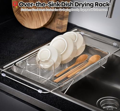WAGENSTEIGER Extendable Dish Rack with Feet, Vegetable Colander Basket, Stainless Steel Dish or Silverware Drying Rack, Ultimate Kitchen Organizer Over the Sink (12.99 x 9.65 x 2.76 Inches) - size: 12.99 x 9.65 x 2.76 Inches