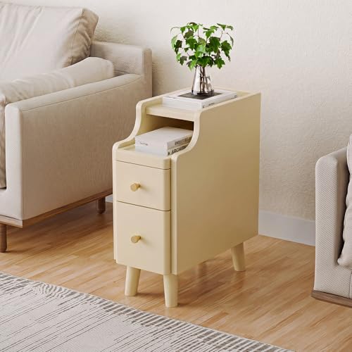 Nightstand with Drawers Set 2, Pre-Assembled, 19.7" H Natural Solid Wood Night Stand with Open Sliding Shelf, Mid Century Modern Small Bedside Table Cabinet for Bedroom, Cream 8" - color: Cream-2pack, size: 8"
