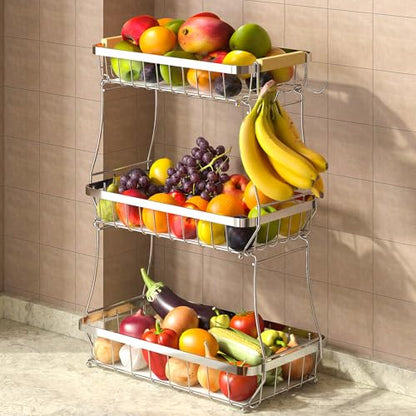 Sevenblue 3-Tier Fruit Basket with Banana Hangers, Detachable Metal Bowl | Wooden handle, protective mats included. Versatile holder for bread, snacks, and veggies. Large 3 tier metal design. - color: Silver, size: 3 Tier Standard