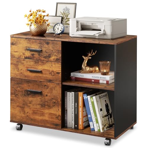 DEVAISE 3-Drawer Mobile File Cabinet, Lateral Filing Cabinet, Rustic Brown | Wood, Rolling Printer Stand, Under Desk Storage, Open Shelves, Fits Letter & A4 File, Home Office - color: Rustic Brown, style: Modern