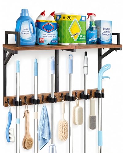 Lorbro Broom Holder Wall Mount with Cleaning Supplies Storage, Heavy Duty | 3 in 1 Broom and Mop Organizer Wall Hanging, Wooden Mop Organizer Hanger, Storage Shelves for Laundry Room, Garage - size: Large