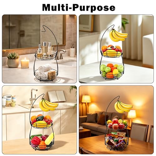 2 Tier Fruit Bowl, Stackable Fruit Basket-Vegetable Holder, Large Capacity Thick Metal Wire Basket with Banana Hanger, Kitchen Countertop Fruit Veggies Storage, Black