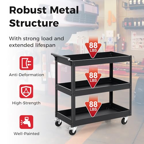 3-Tier Rolling Tool Cart, Mechanic Organizer Push Cart with 4 Universal Wheels & 2 Brakes, Heavy-Duty Metal Service Carts for Home, Kitchen, Warehouse, Garage (Black) - size: 3" Wheels