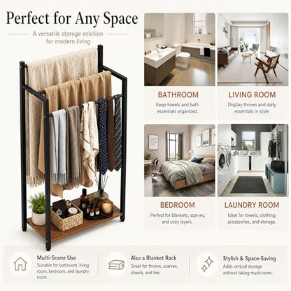 16.9" W Freestanding Towel Rack with Rustic Brown Wood Shelf | 3 Tier Blanket Ladder Stand for Bathroom Living Room, Metal Frame,31.5"H x 16.9"W x7.9"D - color: Rustic Brown, size: 31.5"H x 16.9"W x7.9"D