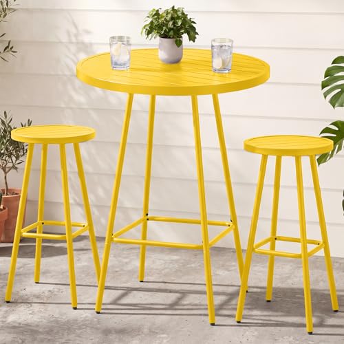 Best Choice Products 3-Piece Patio Dining Set, Bar Height, Outdoor Bistro Set, Outdoor Round Bar Table w/ 2 Bar Stools, Steel - Yellow - color: Yellow