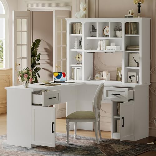 L-Shaped Home Executive Desk with 2 Cabinets and 2 Drawers, Computer Desk with Power Outlet, 11 Open Shelves and 1 Right Flip Shelf with Storage for Study, Living Room and Office (White-02) - color: White-02