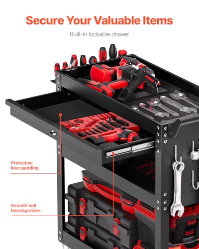 VEVOR 4-Tier Tool Cart with Wheels, 350 lbs Load Capacity, Rolling Work Cart with Drawer & Pegboard, Mechanic Tool Storage Organizer with Locking System for Garage, Warehouse and Repair Shop, Black - style: 4-Tier-350 lbs with 1 Drawer