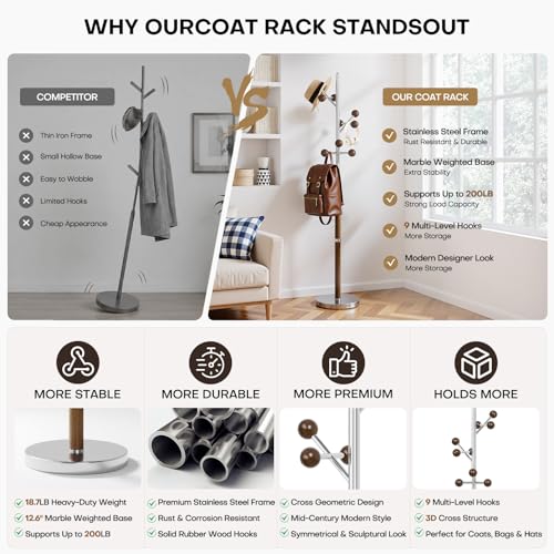 Coat Rack Freestanding Metal Coat Tree with 9 Rubber Wood Hooks | Heavy Duty Standing Coat Rack, Stainless Steel Marble Base, Coat Hanger Stand for Bedroom Entryway Hallway, Hat, Bags - color: B