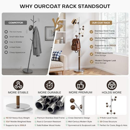 Coat Rack Freestanding Metal Coat Tree with 9 Rubber Wood Hooks | Heavy Duty Standing Coat Rack, Stainless Steel Marble Base, Coat Hanger Stand for Bedroom Entryway Hallway, Hat, Bags - color: B