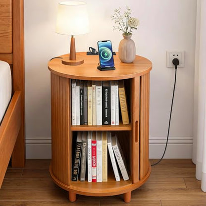 DHH Round End Table with Storage & Charging Station, Fluted Accent Side Table with Sliding Door & Adjustable Shelf, Mid-Century Nightstand for Small Spaces, Living Room, Bedroom (1, Yellow Walnut) - color: Yellow Walnut