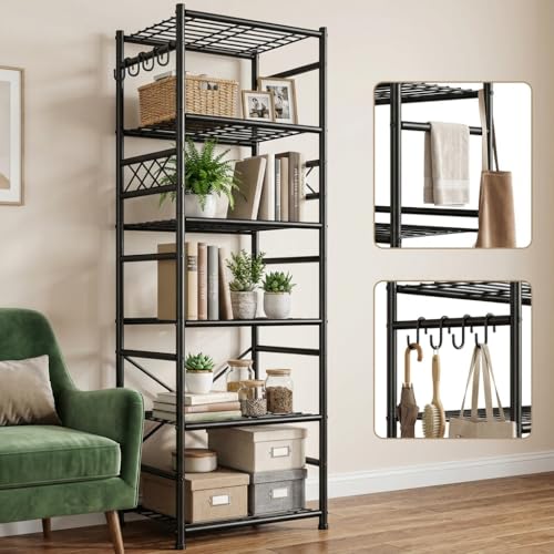 DurayLoly Storage Shelves 6-Tier Metal Shelving Unit with Hooks,Heavy Duty Garage Shelving with Leveling Feet,High Standing Shelf Organizer for Kitchen Pantry Bathroom Dorm,17.7”W×11.8”D ×72.2”H,Black - size: 17.7" W x 11.81" D x 72.2" H (6T)