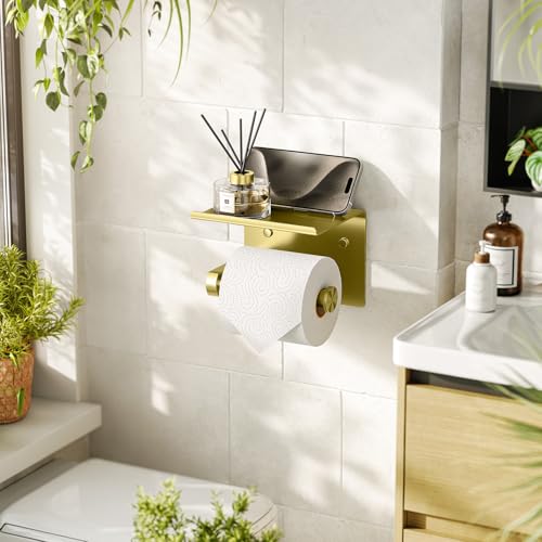 Tindbea Toilet Paper Holder with Phone Shelf, Adhesive or Screw Wall Mount Toilet Tissue Roll Holder, Rustproof & Multifunctional Stainless Steel Bathroom Storage Dispenser (Brushed Gold) | Heavy Duty Stainless Steel Brushed Gold - color: E-brushed Gold
