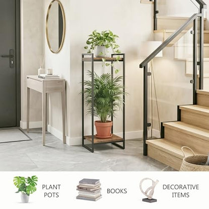 34" Tall Indoor Plant Stand, 2-Tier Flower Pot Rack, Rustic Brown | Modern Minimalist Look, Wood Finish, for Living Room, Bedroom, Balcony, Space-Saving, Sturdy Metal Frame