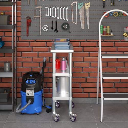 AmGood Stainless Steel Work Table with 2 Shelves and Casters | Metal Utility Table On Wheels (Stainless Steel Work Table with 2 Shelves + Casters, 12" Long x 24" Deep) - size: 12" Long x 24" Deep