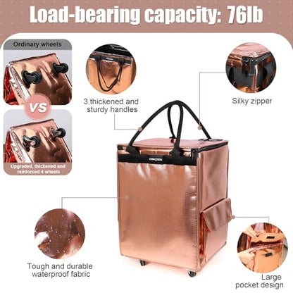 Reusable Grocery Bag Tote Bag with Wheels, Foldable Rolling Tote Bag with 3 Handles and Zipper - color: Rose Gold, size: Small