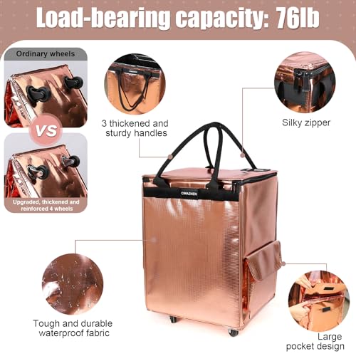 Reusable Grocery Bag Tote Bag with Wheels, Foldable Rolling Tote Bag with 3 Handles and Zipper - color: Rose Gold, size: Medium