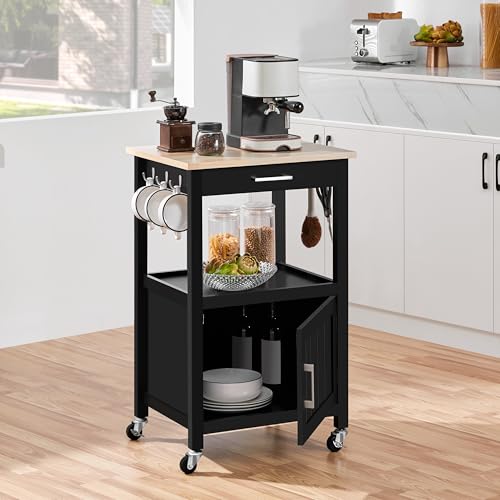 Yaheetech Kitchen Island Cart with Storage, Rolling Kitchen Island on Wheels with 6 Side Hooks, Wood Top Microwave Cart with Drawer for Dining Room, Black - color: Black