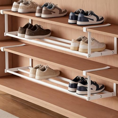 Under-Shelf Expandable Shoe Rack Organizer, White Metal, 40-70cm Width Adjustable, Cabinet Storage for Closet (2 Pcs)