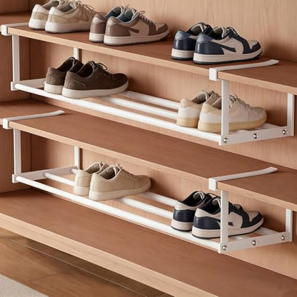 Under-Shelf Expandable Shoe Rack Organizer, White Metal, 40-70cm Width Adjustable, Cabinet Storage for Closet (2 Pcs)