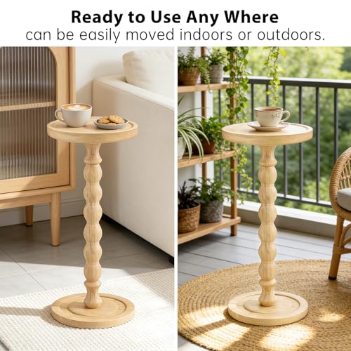 Small Round Side Table for Small Spaces | Wood Pedestal Drink Table & Narrow End Table for Living Room Couch, Modern Bedside Nightstand for Bedroom (Natural Wood) - color: Natural Wood