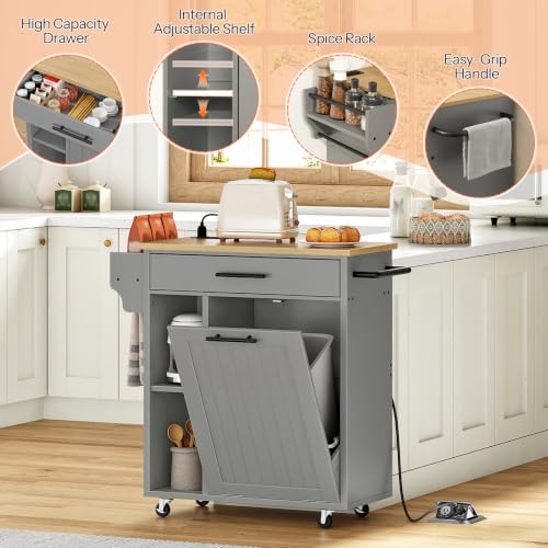 HOOBRO Kitchen Island with Trash Can Storage, Rolling Kitchen Island on Wheels, Mobile Island Cart with Power Outlet, Islands Table for 10 Gallon Garbage Bin, White and Grey GN80UZD01G1 - color: Natural + Grey