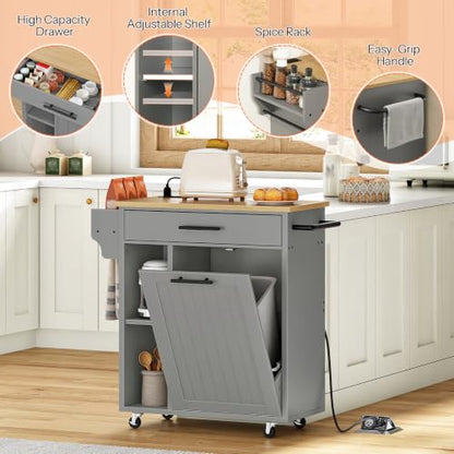 HOOBRO Kitchen Island with Trash Can Storage, Rolling Kitchen Island on Wheels, Mobile Island Cart with Power Outlet, Islands Table for 10 Gallon Garbage Bin, White and Grey GN80UZD01G1 - color: Natural + Grey