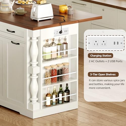 Roman Style Kitchen Island with Power Outlet & Trash Cabinet, | 47.6" Rolling Kitchen Island with Drop Leaf Tabletop, Kitchen Cart with Spice Rack & Drawers & Cabinets Coffee Bar Station