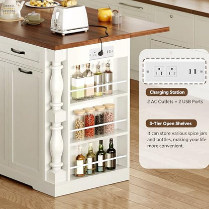 Roman Style Kitchen Island with Power Outlet & Trash Cabinet, | 47.6" Rolling Kitchen Island with Drop Leaf Tabletop, Kitchen Cart with Spice Rack & Drawers & Cabinets Coffee Bar Station