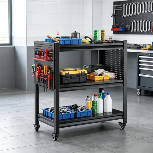 3 Tier Tool Cart on Wheels, Heavy Duty Metal Service Cart with Pegboards, 660 LBS Load Capacity Tool Utility Cart, Industrial Utility for Garage, Warehouse, Workshop - size: 13.8"D x 32.7"W x 33.5"H
