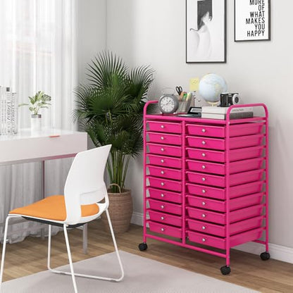 DREAMADE Rolling Cart with Storage Drawers, Utility Cart w/Removable Plastic Drawers, Lockable Wheels, Art Cart for Classroom Organization Art Supplies Office Scrapbook (20 Drawers, Hot Pink) - color: Hot Pink, style: 20 Drawers