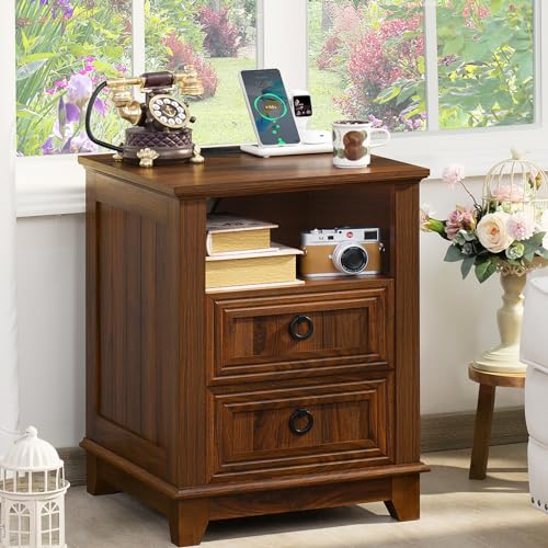 Joaxswe 18" Farmhouse Night Stand with Charging Station, 2 Drawers End Table Dresser for Bedroom, Brown Wooden Nightstand, Bed Side Table with Open Shelf, Bedside Cabinet for Living Room, Closet - color: Brown Set 1, size: 2 Drawers