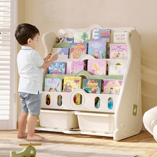 Kids Bookshelf and Toy Storage Plastic 5 Tier Montessori Bookcase | Baby Corner Storage Organizer,HDPE Nursery Shelf Green,Toddler Reading Nook,Bedroom,Round Edge,Front Facing,Standalone,Sturdy - color: Green